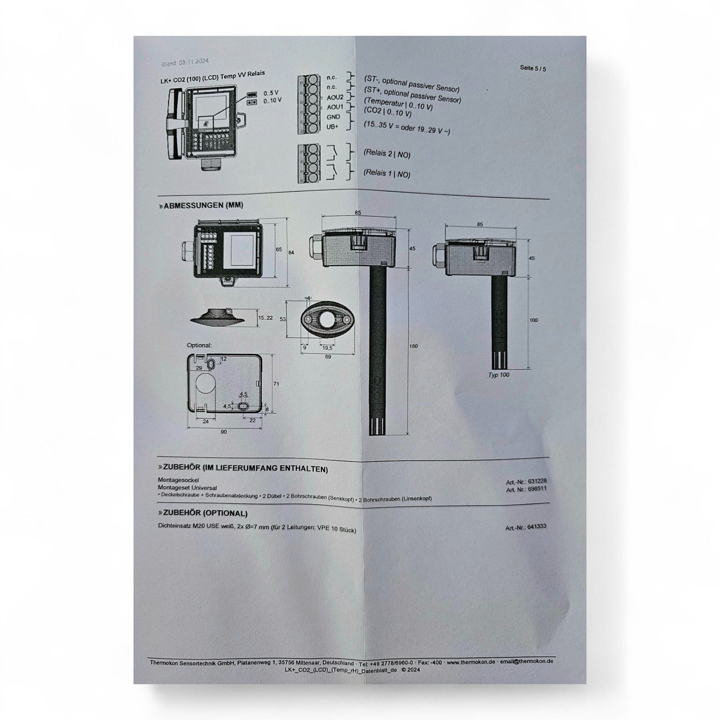 Thermokon LK+ CO2 Temp VV Kanalsensor 662260 Temperatur, CO2